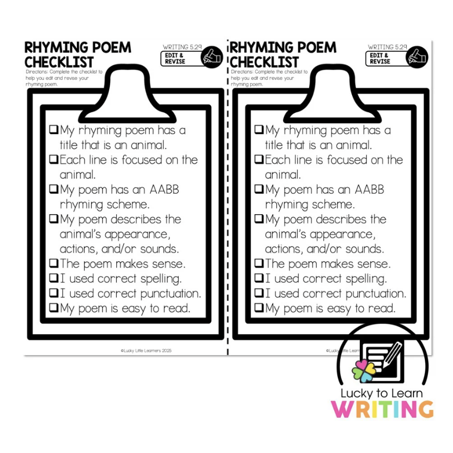 Rhyming poem checklist for 2nd grade students to self-edit their poetry, ensuring correct rhyming scheme, spelling, punctuation, and focus on the animal in the poem.